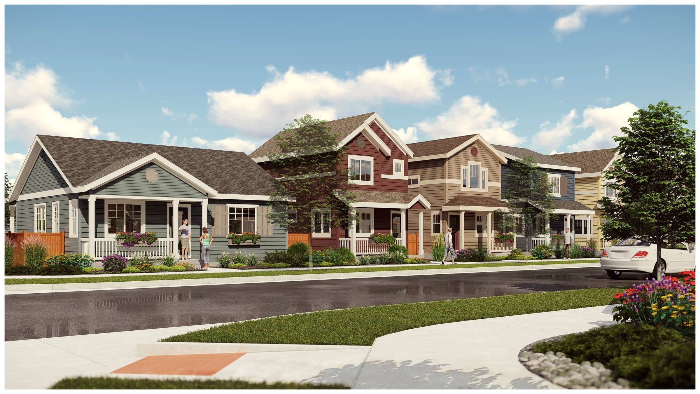 The Cottage Collection as a street — a rendering, not a photograph